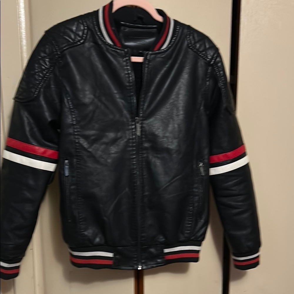 Black Faux Leather Jacket with Red and White Stripes